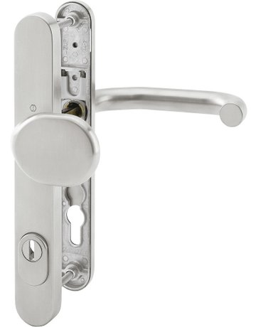 Bild HOPPE Sicherheits-Wechselgarnitur Paris E86G/3359ZA/3357N/138GF, Langschild oval, 15mm, ES 1, mit Zylinderabdeckung, Profilzylinder gelocht, Entfernung 92mm, Vierkant 8mm, Türstärke 67-72mm, edelstahl matt-0