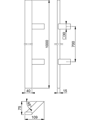 Bild HOPPE Stoßgriff E5724, BA 700mm, Breite 109mm, L 1.000mm, Durchmesser 40x15mm, verdeckt verschraubt, edelstahl matt-1