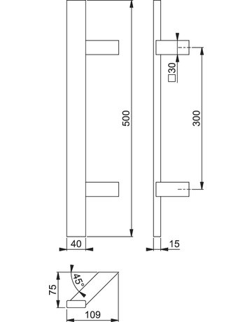 Bild HOPPE Stoßgriff E5724, BA 300mm, Breite 109mm, L 500mm, Durchmesser 40x15mm, verdeckt verschraubt, edelstahl matt-1