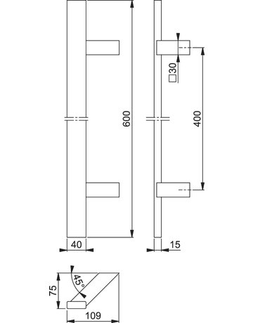 Bild HOPPE Stoßgriff E5724, BA 400mm, Breite 109mm, L 600mm, Durchmesser 40x15mm, verdeckt verschraubt, edelstahl matt-1