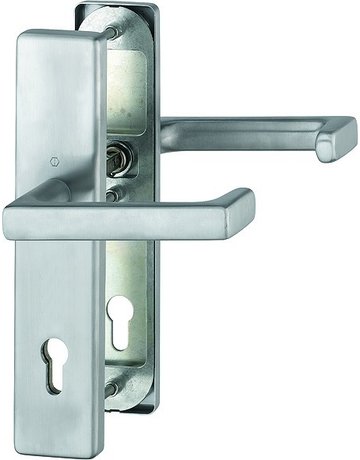 Bild HOPPE Sicherheits-Drückergarnitur Detroit FS-E1644F/2221/2210, Langschild eckig, 12mm, ES 1, ohne Zylinderabdeckung, Profilzylinder gelocht, Entfernung 92mm, Vierkant 9mm, Türstärke 67-72mm, edelstahl matt-0