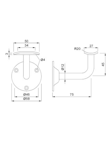 Bild Handlaufst.,4524,mit gewölbter Auflage Edelstahl ,Edelstahl geschliff.,Wandabst.75mm - KWS-1
