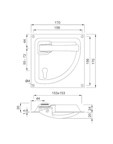 Bild Turnhallenbeschlag 5062 eckig,170x170,Stiftteil,UG,8mm,sw lackiert - KWS-1