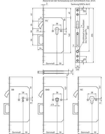 Bild Schiebetürschloss 162-PZ/55 Zirkelriegel, Springgriff 20K silber - BMH-1