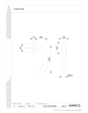 Bild Drehkipp-Fenstergriff, Paris 038/U30, mit ovaler Rosette, Vierkant 7x 43, naturfarbig eloxiert - HOPPE-1