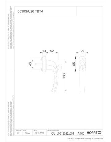Bild Drehkipp-Fenstergriff, abschließbar, Atlanta 0530S/U26, TBT 4, DIN Links-Rechts, 7/37mm, naturfarbig - HOPPE-1