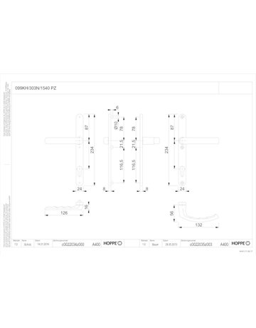 Bild HOPPE Drückergarnitur Liège 099KH/303N/1540, Langschild, oval, Profilzylinder gelocht, Entfernung 92mm, Vierkant 8mm, Türstärke 67 - 72mm, Befestigungstechnik mit Stütznocken, grau, stahlfarbig, eloxiert-1