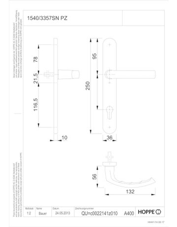 Bild HOPPE Halbgarnitur Liège 1540/3357SN, Langschild, oval, Profilzylinder gelocht, Entfernung 92mm, Vierkant 8mm, Befestigungstechnik ohne Stütznocken, braun, dunkelbraun seidenglänzend beschichtet-1