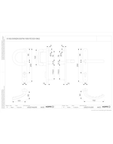 Bild HOPPE Sicherheits-Wechselgarnitur Luxembourg 513G/3359ZA/3357N/1500, Langschild oval, 15mm, ES 1, mit Zylinderabdeckung, Profilzylinder gelocht, Entfernung 92mm, Vierkant 8mm, Türstärke 67-72mm, naturfarben eloxiert-1