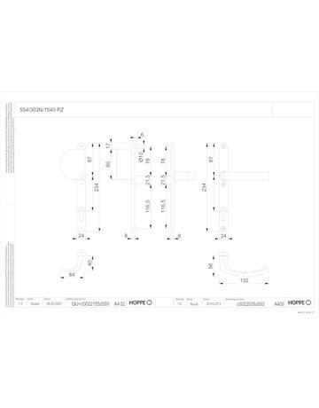 Bild HOPPE Wechselgarnitur Liège 554/303N/1540, Langschild, oval, Profilzylinder gelocht, Entfernung 92mm, Vierkant 8mm, DIN Rechts, Türstärke 67 - 72mm, Befestigungstechnik mit Stütznocken, grau, stahlfarbig, eloxiert-1