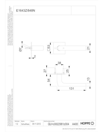 Bild HOPPE Drückergarnitur Dallas E1643Z/848N, ohne Schlüsselrosette, Vierkant 8mm, DIN Links-Rechts, TS 35 - 45mm, Befestigungstechnik mit Stütznocken, grau, edelstahl matt-1