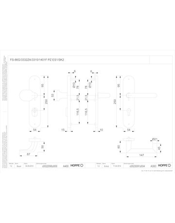 Bild HOPPE Sicherheits-Wechselgarnitur Rotterdam FS-86G/3332ZA/3310/1401F, Langschild oval, 15mm, ES 1, mit Zylinderabdeckung, Profilzylinder gelocht, Entfernung 92mm, Vierkant 9mm, Türstärke 67-72mm, naturfarben eloxiert-1