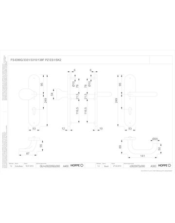Bild HOPPE Sicherheits-Wechselgarnitur Paris FS-E86G/3331/3310/138F, Langschild oval, 12mm, ES 1, ohne Zylinderabdeckung, Profilzylinder gelocht, Entfernung 92mm, Vierkant 9mm, Türstärke 67-72mm, edelstahl matt-1
