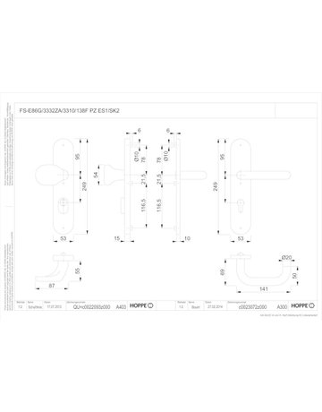 Bild HOPPE Sicherheits-Wechselgarnitur Paris FS-E86G/3332ZA/3310/138F, Langschild oval, 15mm, ES 1, mit Zylinderabdeckung, Profilzylinder gelocht, Entfernung 92mm, Vierkant 9mm, Türstärke 67-72mm, edelstahl matt-1