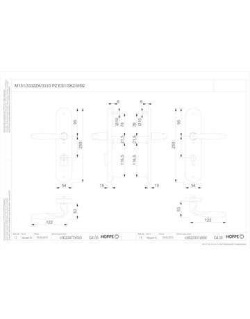 Bild HOPPE Sicherheits-Drückergarnitur Verona M151/3332ZA/3310, Langschild oval, 15mm, ES 1, mit Zylinderabdeckung, Profilzylinder gelocht, Entfernung 92mm, Vierkant 10mm, Türstärke 67-72mm, messingfarben poliert-Resista®-1