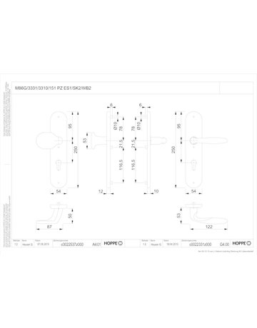 Bild HOPPE Sicherheits-Wechselgarnitur Verona M86G/3331/3310/151, Langschild oval, 12mm, ES 1, ohne Zylinderabdeckung, Profilzylinder gelocht, Entfernung 92mm, Vierkant 10mm, Türstärke 67-72mm, messingfarben poliert-Resista®-1