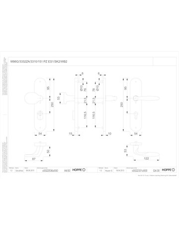 Bild HOPPE Sicherheits-Wechselgarnitur Verona M86G/3332ZA/3310/151, Langschild oval, 12mm, ES 1, mit Zylinderabdeckung, Profilzylinder gelocht, Entfernung 72mm, Vierkant 8mm, Türstärke 42-47mm, messingfarben poliert-Resista®-1
