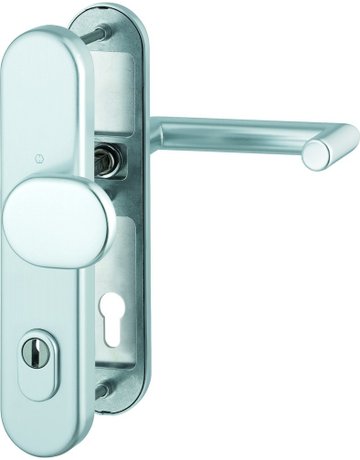 Bild HOPPE Sicherheits-Wechselgarnitur Rotterdam FS-86G/3332ZA/3310/1401F, Langschild oval, 15mm, ES 1, mit Zylinderabdeckung, Profilzylinder gelocht, Entfernung 92mm, Vierkant 9mm, Türstärke 67-72mm, naturfarben eloxiert-0