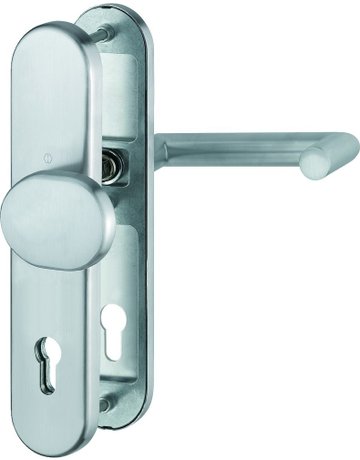 Bild HOPPE Sicherheits-Wechselgarnitur Rotterdam FS-E86G/3331/3310/1401F, Langschild oval, 12mm, ES 1, ohne Zylinderabdeckung, Profilzylinder gelocht, Entfernung 92mm, Vierkant 9mm, Türstärke 67-72mm, edelstahl matt-0