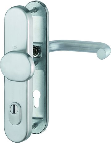 Bild HOPPE Sicherheits-Wechselgarnitur Paris FS-E86G/3332ZA/3310/138F, Langschild oval, 15mm, ES 1, mit Zylinderabdeckung, Profilzylinder gelocht, Entfernung 92mm, Vierkant 9mm, Türstärke 67-72mm, edelstahl matt-0