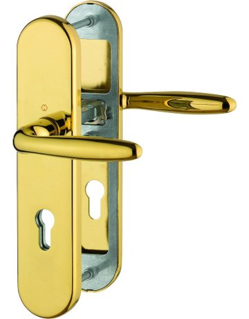 Bild HOPPE Sicherheits-Drückergarnitur Verona M151/3331/3310, Langschild oval, 12mm, ES 1, ohne Zylinderabdeckung, Profilzylinder gelocht, Entfernung 72mm, Vierkant 8mm, Türstärke 42-47mm, messingfarben poliert-Resista®-0