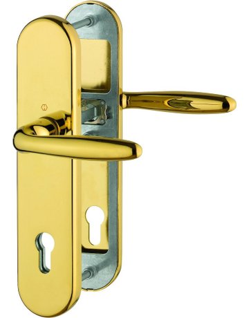 Bild HOPPE Sicherheits-Drückergarnitur Verona M151/3331/3310, Langschild oval, 12mm, ES 1, ohne Zylinderabdeckung, Profilzylinder gelocht, Entfernung 92mm, Vierkant 10mm, Türstärke 67-72mm, messingfarben poliert-Resista®-0