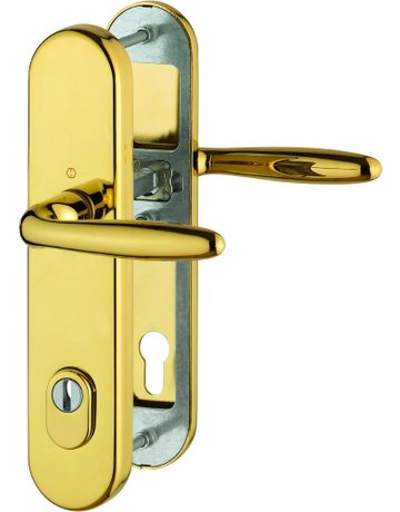 Bild HOPPE Sicherheits-Drückergarnitur Verona M151/3332ZA/3310, Langschild oval, 15mm, ES 1, mit Zylinderabdeckung, Profilzylinder gelocht, Entfernung 92mm, Vierkant 10mm, Türstärke 67-72mm, messingfarben poliert-Resista®-0
