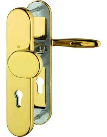Bild HOPPE Sicherheits-Wechselgarnitur Verona M86G/3331/3310/151, Langschild oval, 12mm, ES 1, ohne Zylinderabdeckung, Profilzylinder gelocht, Entfernung 72mm, Vierkant 8mm, Türstärke 42-47mm, messingfarben poliert-Resista®-0