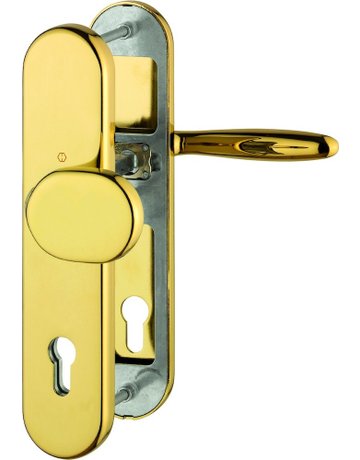 Bild HOPPE Sicherheits-Wechselgarnitur Verona M86G/3331/3310/151, Langschild oval, 12mm, ES 1, ohne Zylinderabdeckung, Profilzylinder gelocht, Entfernung 92mm, Vierkant 10mm, Türstärke 67-72mm, messingfarben poliert-Resista®-0
