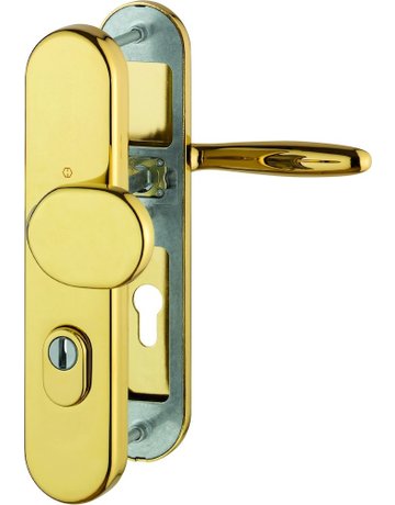 Bild HOPPE Sicherheits-Wechselgarnitur Verona M86G/3332ZA/3310/151, Langschild oval, 12mm, ES 1, mit Zylinderabdeckung, Profilzylinder gelocht, Entfernung 72mm, Vierkant 8mm, Türstärke 42-47mm, messingfarben poliert-Resista®-0