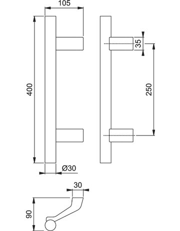 Bild HOPPE Stoßgriff E5014, BA 250mm, Breite 105mm, L 400mm, Durchmesser 30mm, verdeckt verschraubt, matt/aluminium natur eloxiert-1