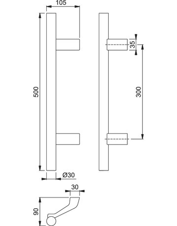 Bild HOPPE Stoßgriff E5014, BA 300mm, Breite 105mm, L 500mm, Durchmesser 30mm, verdeckt verschraubt, matt/aluminium natur eloxiert-1