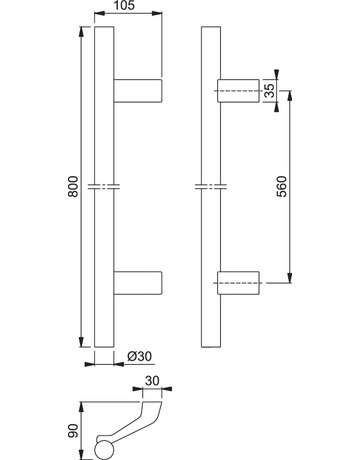 Bild HOPPE Stoßgriff E5014, BA 560mm, Breite 105mm, L 800mm, Durchmesser 30mm, verdeckt verschraubt, matt/aluminium natur eloxiert-1