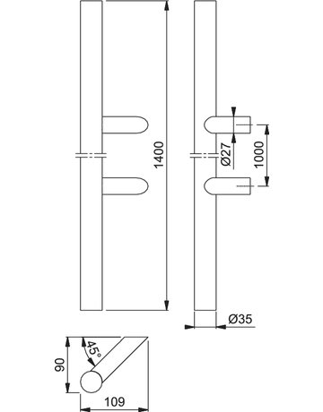 Bild HOPPE Stoßgriff E5062, BA 1.200mm, Breite 109mm, L 1.600mm, Durchmesser 35mm, verdeckt verschraubt, edelstahl matt-1