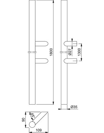 Bild HOPPE Stoßgriff E5062, BA 1.300mm, Breite 109mm, L 1.800mm, Durchmesser 35mm, verdeckt verschraubt, edelstahl matt-1