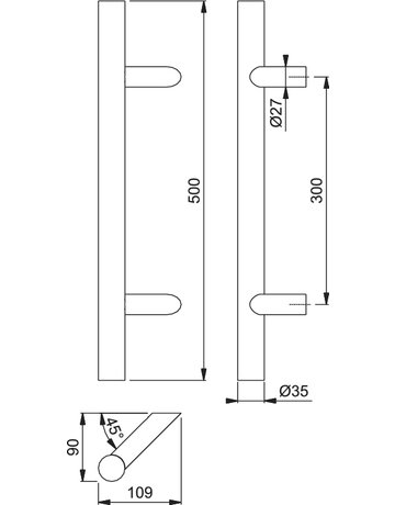 Bild HOPPE Stoßgriff E5062, BA 300mm, Breite 109mm, L 500mm, Durchmesser 35mm, verdeckt verschraubt, edelstahl matt-1
