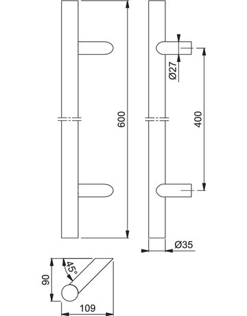 Bild HOPPE Stoßgriff E5062, BA 400mm, Breite 109mm, L 600mm, Durchmesser 35mm, verdeckt verschraubt, edelstahl matt-1