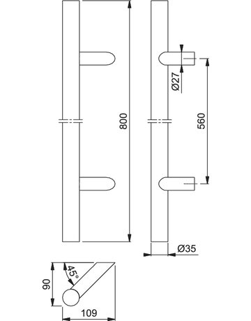 Bild HOPPE Stoßgriff E5062, BA 560mm, Breite 109mm, L 800mm, Durchmesser 35mm, verdeckt verschraubt, edelstahl matt-1