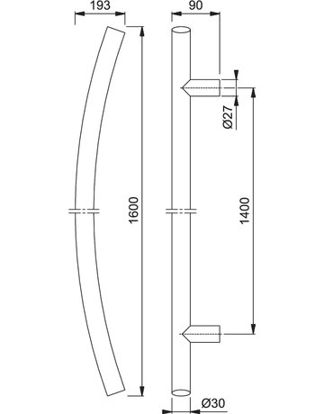 Bild HOPPE Stoßgriff E5511, BA 1.400mm, Breite 119mm, L 1.600mm, Durchmesser 30mm, verdeckt verschraubt, edelstahl matt-1