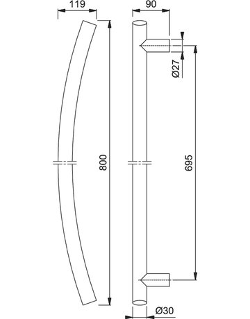 Bild HOPPE Stoßgriff E5511, BA 695mm, Breite 119mm, L 800mm, Durchmesser 30mm, verdeckt verschraubt, edelstahl matt-1
