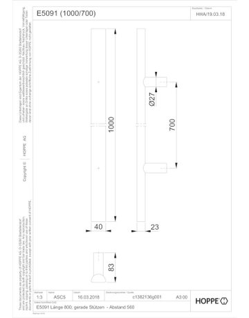 Bild HOPPE Stoßgriff E5091, Gewindeteil, BA 700mm, L 1.000mm, Durchmesser 40x23mm, verdeckt verschraubt, edelstahl matt-1