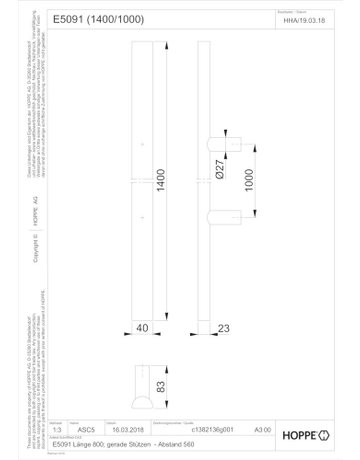 Bild HOPPE Stoßgriff E5091, Gewindeteil, BA 1.000mm, L 1.400mm, Durchmesser 40x23mm, verdeckt verschraubt, edelstahl matt-1
