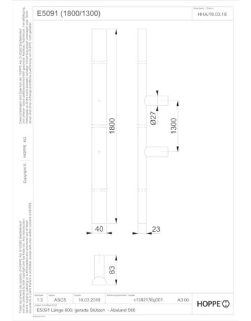 Bild HOPPE Stoßgriff E5091, Gewindeteil, BA 1.300mm, L 1.800mm, Durchmesser 40x23mm, verdeckt verschraubt, edelstahl matt-1