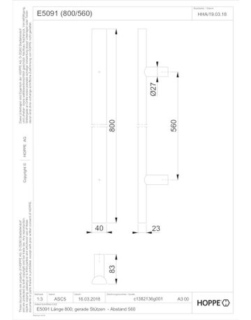 Bild HOPPE Stoßgriff E5091, Gewindeteil, BA 560mm, L 800mm, Durchmesser 40x23mm, verdeckt verschraubt, edelstahl matt-1