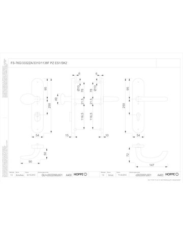 Bild HOPPE Sicherheits-Wechselgarnitur Marseille FS-76G/3332ZA/3310/1138F, Langschild oval, 12mm, ES 1, ohne Zylinderabdeckung, Profilzylinder gelocht, Entfernung 92mm, Vierkant 9mm, Türstärke 67-72mm, naturfarben eloxiert-1