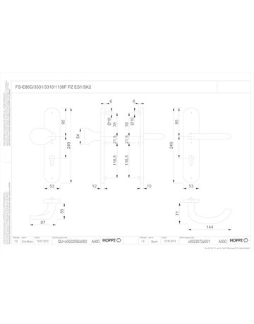 Bild HOPPE Sicherheits-Wechselgarnitur Marseille FS-E86G/3331/3310/1138F, Langschild oval, 12mm, ES 1, ohne Zylinderabdeckung, Profilzylinder gelocht, Entfernung 92mm, Vierkant 9mm, Türstärke 67-72mm, edelstahl matt-1