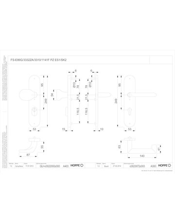 Bild HOPPE Sicherheits-Wechselgarnitur Stockholm FS-E86G/3332ZA/3310/1141F, Langschild oval, 15mm, ES 1, ohne Zylinderabdeckung, Profilzylinder gelocht, Entfernung 92mm, Vierkant 9mm, Türstärke 67-72mm, edelstahl matt-1