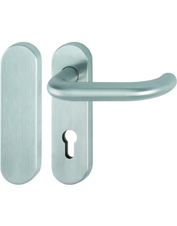 Bild HOPPE Standflügelgarnitur Paris FS-E138/353KH, Kurzschild, oval, Blind/Profilzylinder gelocht, Entfernung 72mm, Vierkant 9mm, Türstärke 40 - 65mm, Befestigungstechnik mit Stütznocken, grau, edelstahl matt-0