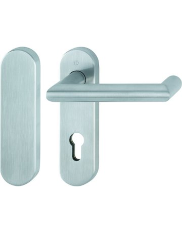 Bild HOPPE Standflügelgarnitur Rotterdam FS-E1401/353KH, Kurzschild, oval, Blind/Profilzylinder gelocht, Entfernung 72mm, Vierkant 9mm, Türstärke 40 - 65mm, Befestigungstechnik mit Stütznocken, grau, edelstahl matt-0