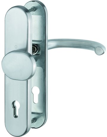 Bild HOPPE Sicherheits-Wechselgarnitur Marseille FS-E86G/3331/3310/1138F, Langschild oval, 12mm, ES 1, ohne Zylinderabdeckung, Profilzylinder gelocht, Entfernung 92mm, Vierkant 9mm, Türstärke 67-72mm, edelstahl matt-0